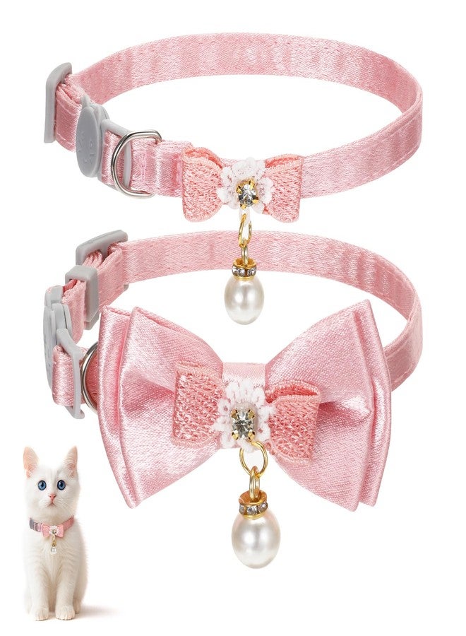 Jeffdad طوق قطط جيفداد قطعتين، طوق قطط وردي اللون مزين بفيونكة وقلادة لؤلؤية، مزود بإبزيم أمان سريع الفتح، طوق قطط لطيف للقطط الإناث - Image 1